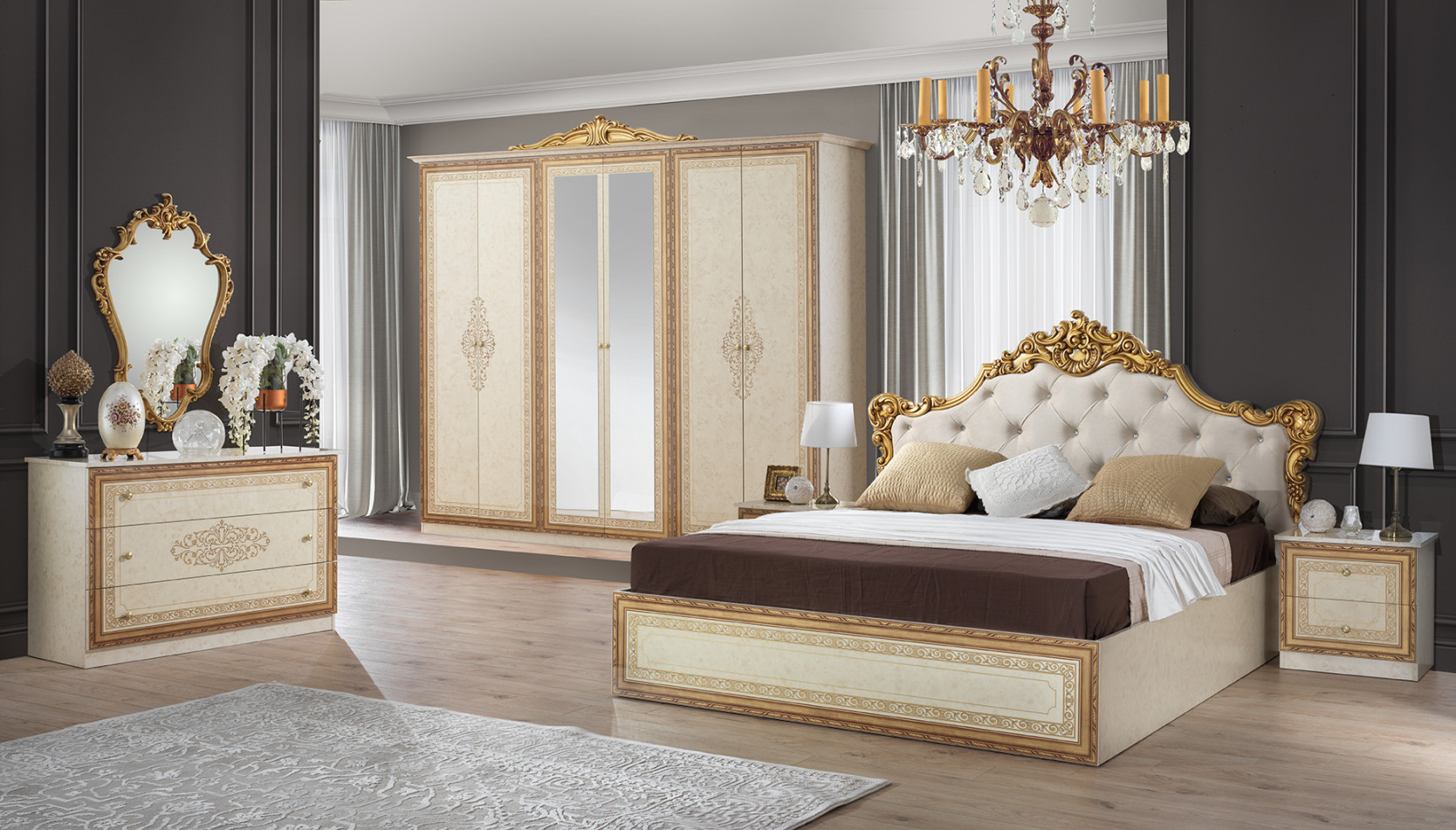 Barock Schlafzimmer Giulia in Beige/Gold Hochglanz -Teilig