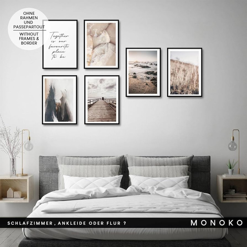 MONOKO® Bilder Wohnzimmer Beige  Wandbilder Schlafzimmer Modern   Bilderwand Natur Poster Set Meer xA ohne Rahmen